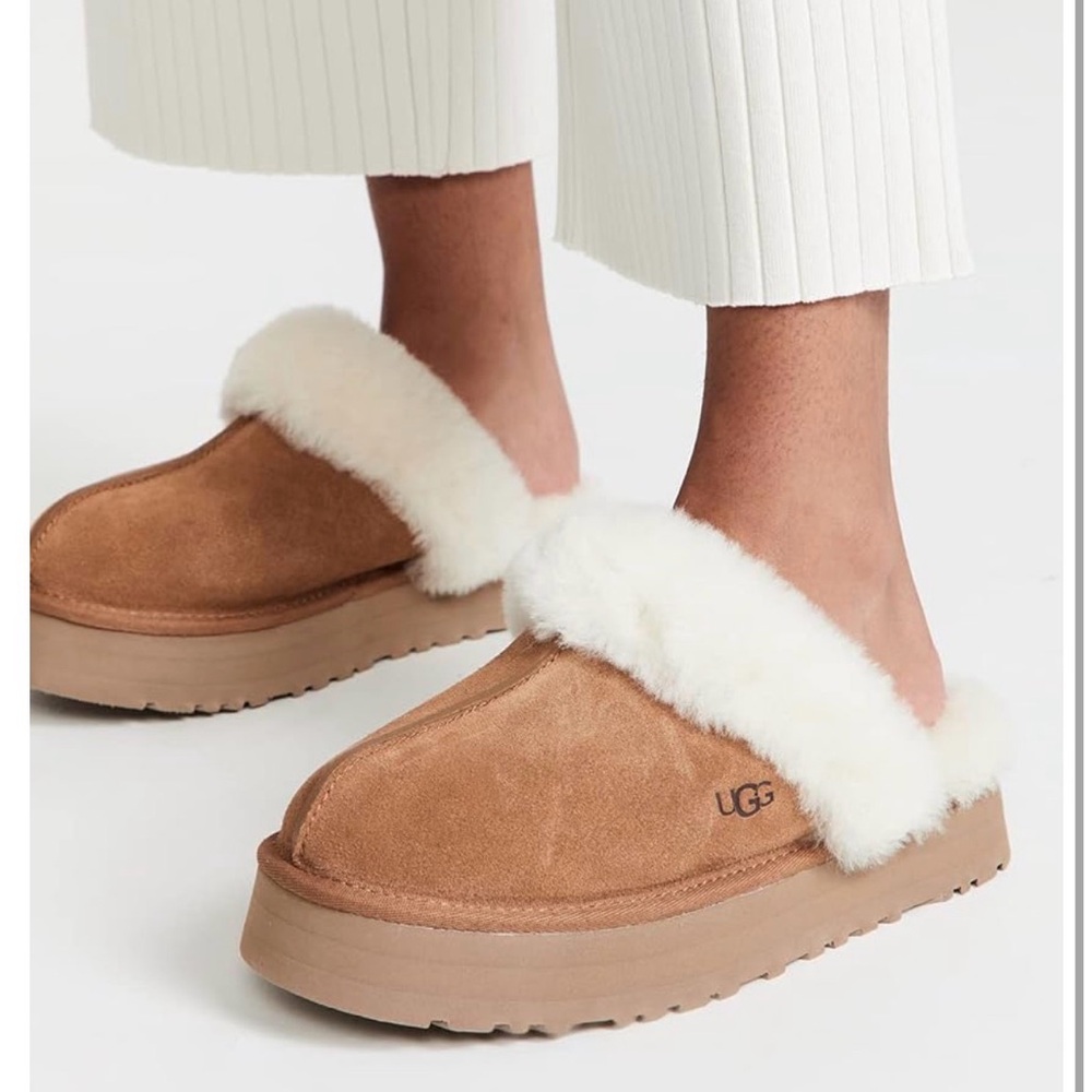 UGG Tan Suede Slippers with White Fur Lining